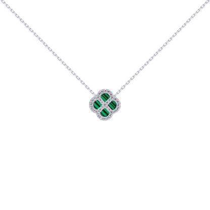Silver  CZ Malachite Clover Kiss Charm Necklace 16-18" - 8-19-2680