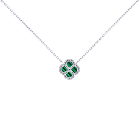 Silver  CZ Malachite Clover Kiss Charm Necklace 16-18" - 8-19-2680