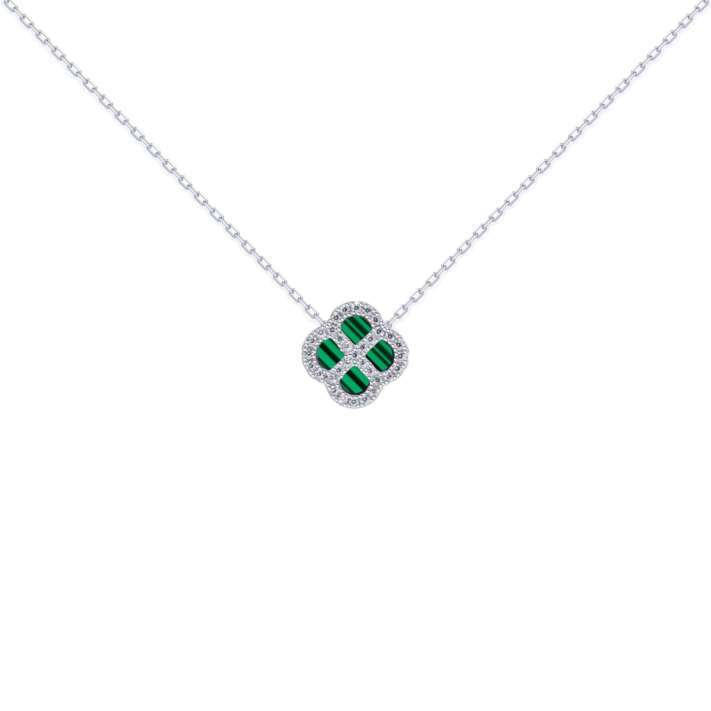 Silver  CZ Malachite Clover Kiss Charm Necklace 16-18" - 8-19-2680