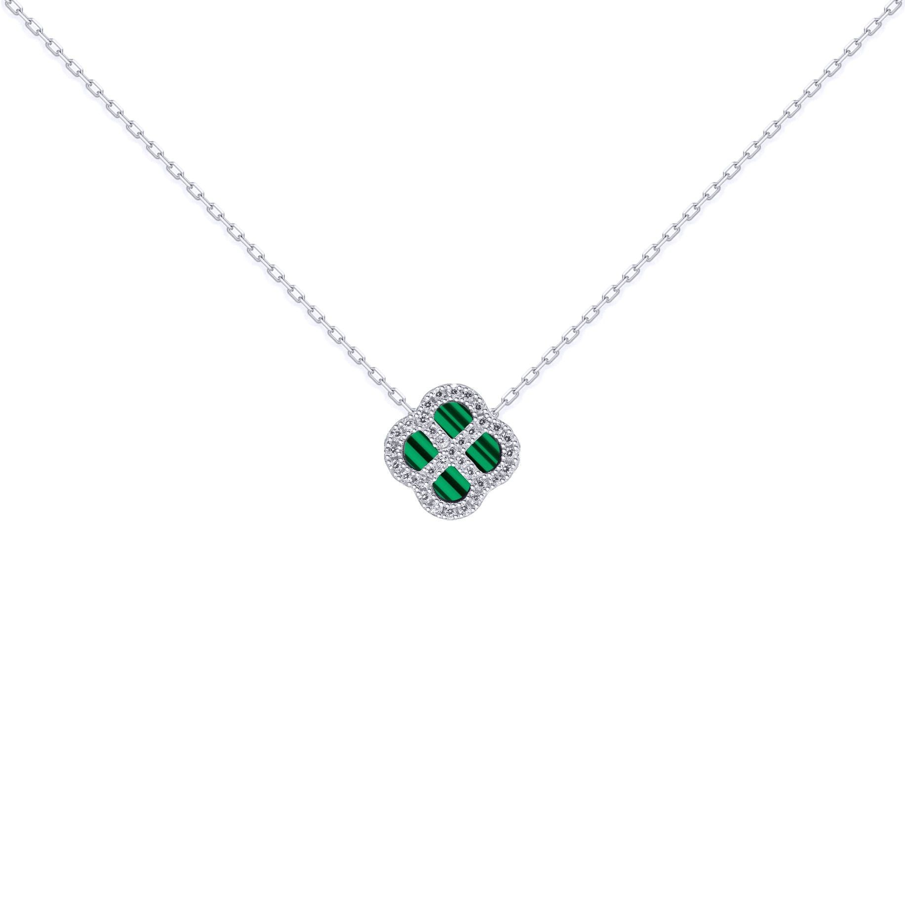 Silver  CZ Malachite Clover Kiss Charm Necklace 16-18" - 8-19-2680