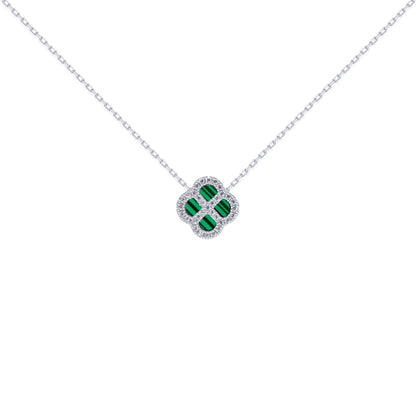 Silver  CZ Malachite Clover Kiss Charm Necklace 16-18" - 8-19-2680