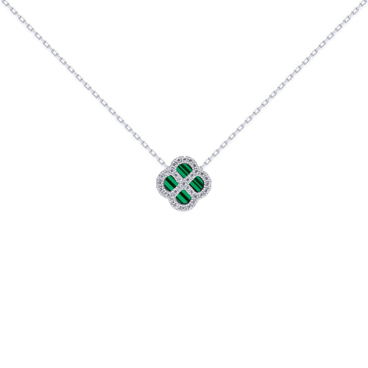 Silver  CZ Malachite Clover Kiss Charm Necklace 16-18" - 8-19-2680