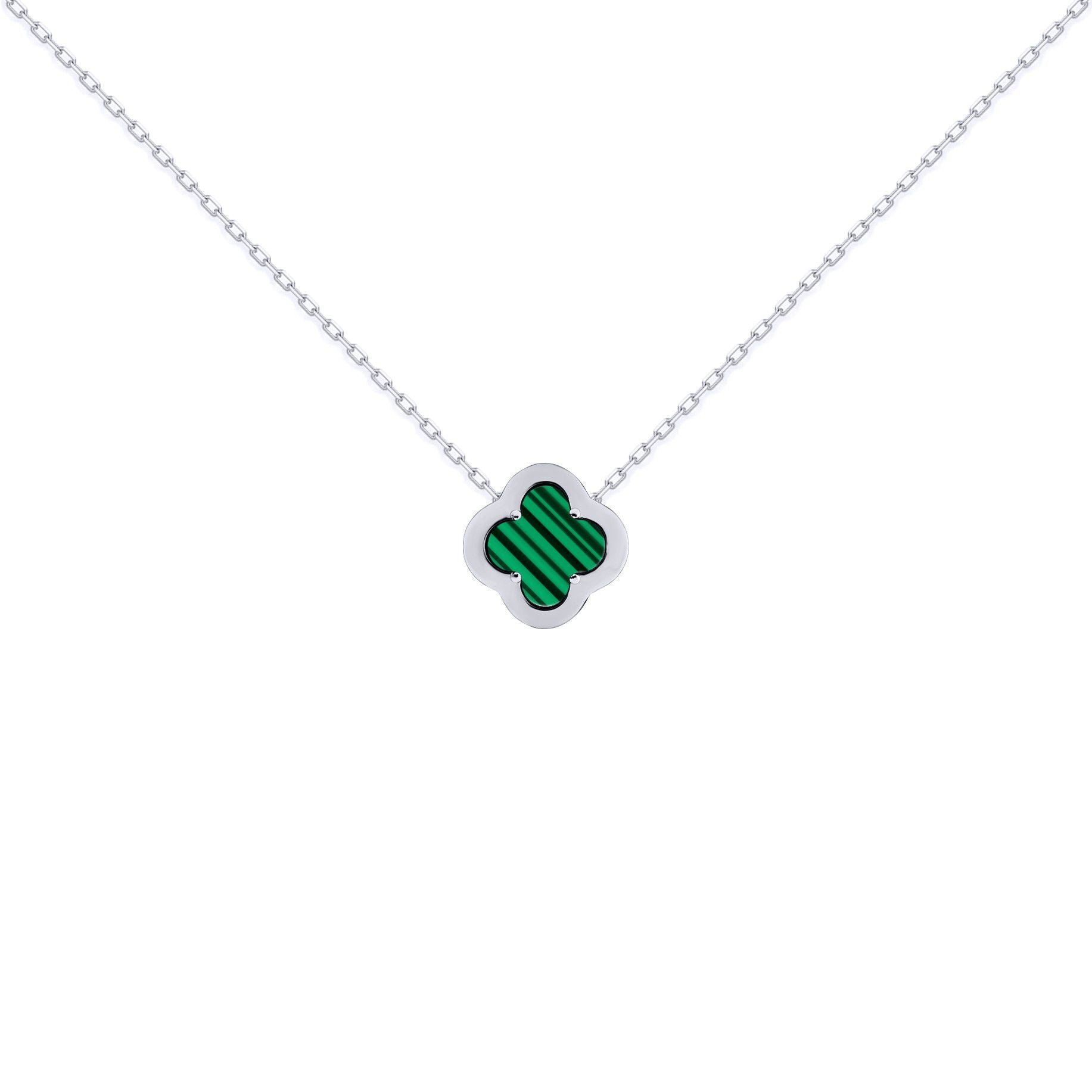 Silver  CZ Malachite Clover Kiss Charm Necklace 16-18" - 8-19-2680
