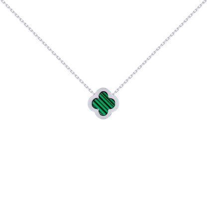Silver  CZ Malachite Clover Kiss Charm Necklace 16-18" - 8-19-2680