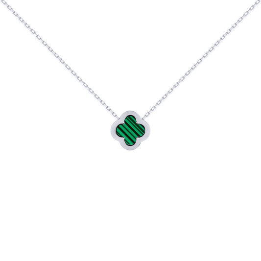 Silver  CZ Malachite Clover Kiss Charm Necklace 16-18" - 8-19-2680