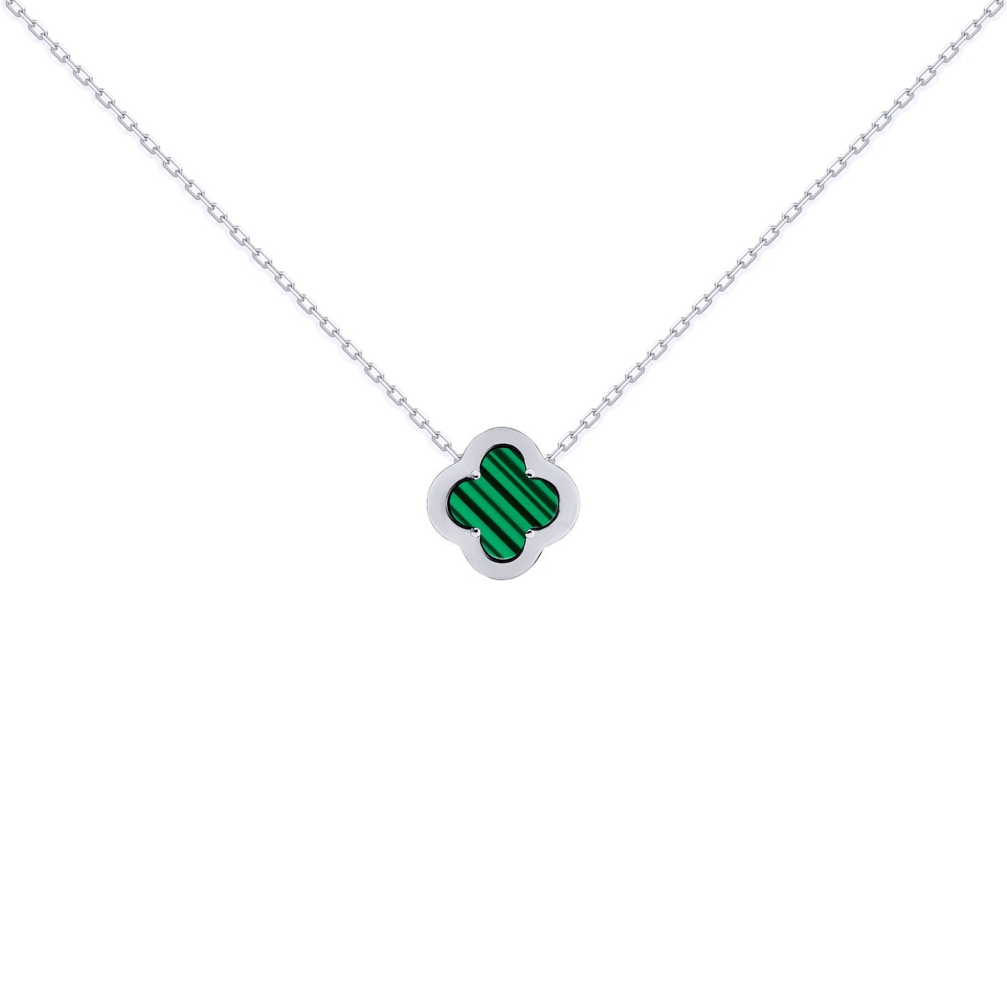 Silver  CZ Malachite Clover Kiss Charm Necklace 16-18" - 8-19-2680
