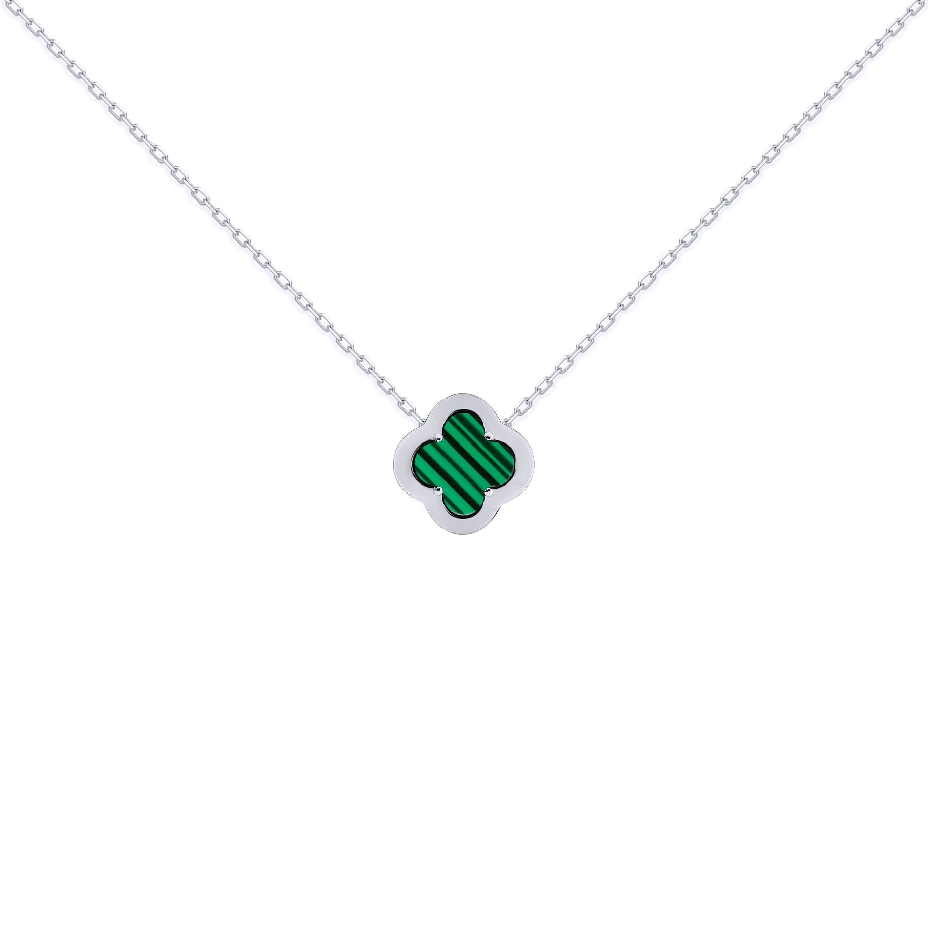 Silver  CZ Malachite Clover Kiss Charm Necklace 16-18" - 8-19-2680