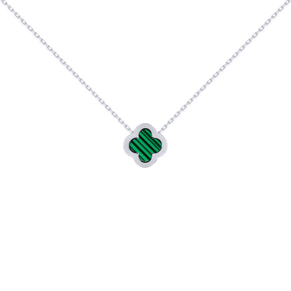 Silver  CZ Malachite Clover Kiss Charm Necklace 16-18" - 8-19-2680
