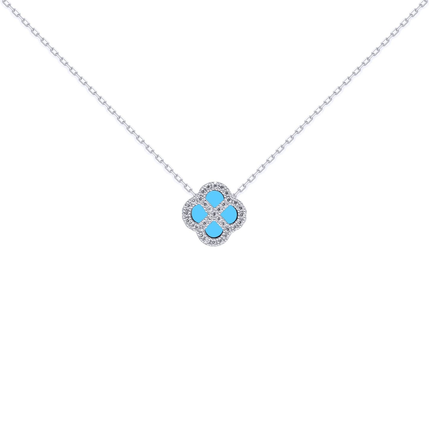 Silver  CZ Turquoise Clover Kiss Charm Necklace 16-18" - 8-19-2690