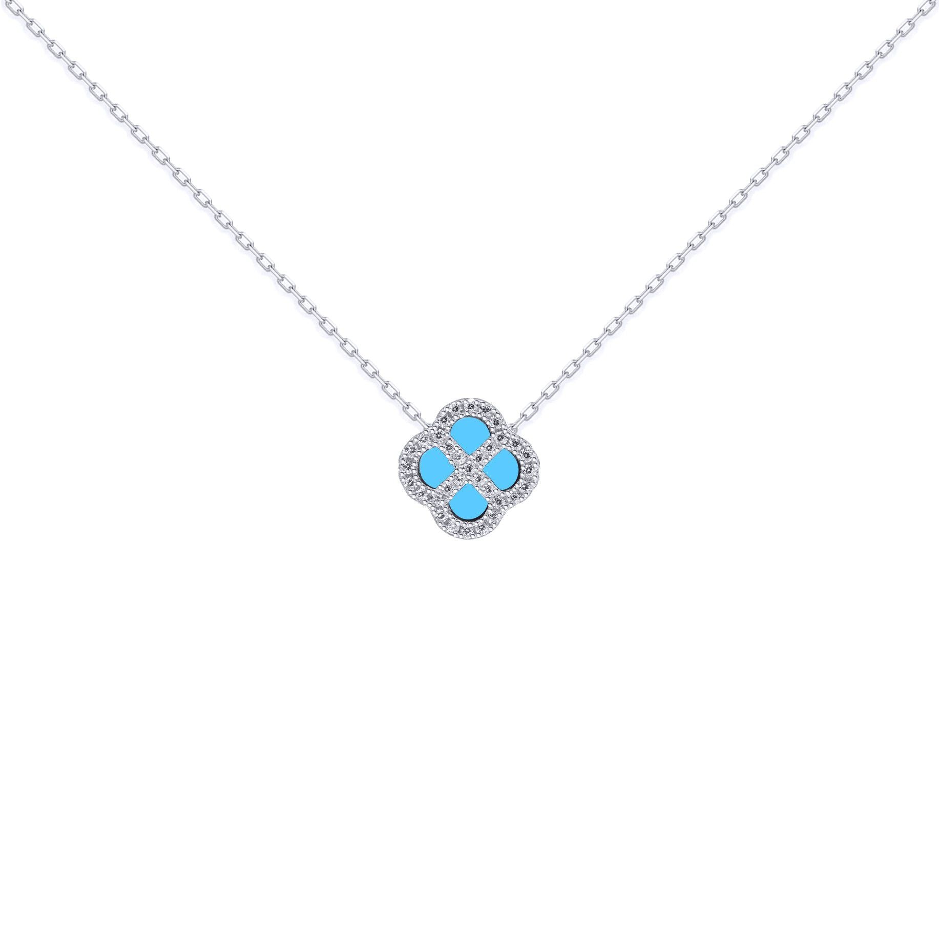 Silver  CZ Turquoise Clover Kiss Charm Necklace 16-18" - 8-19-2690