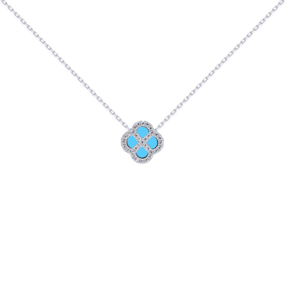 Silver  CZ Turquoise Clover Kiss Charm Necklace 16-18" - 8-19-2690