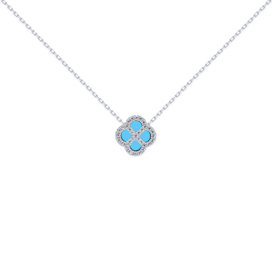 Silver  CZ Turquoise Clover Kiss Charm Necklace 16-18" - 8-19-2690