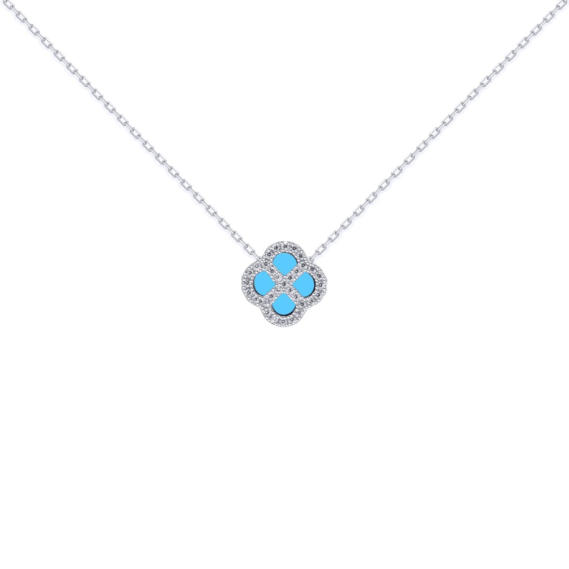 Silver  CZ Turquoise Clover Kiss Charm Necklace 16-18" - 8-19-2690