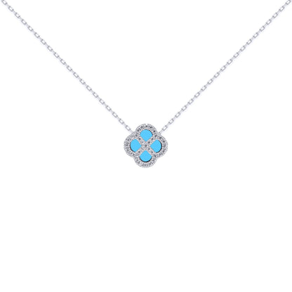 Silver  CZ Turquoise Clover Kiss Charm Necklace 16-18" - 8-19-2690