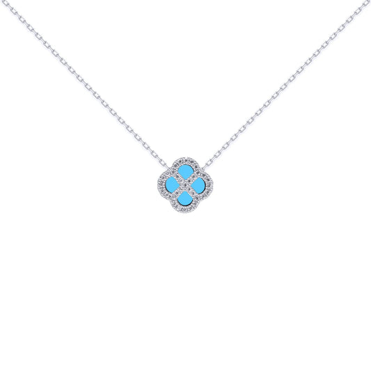 Silver  CZ Turquoise Clover Kiss Charm Necklace 16-18" - 8-19-2690