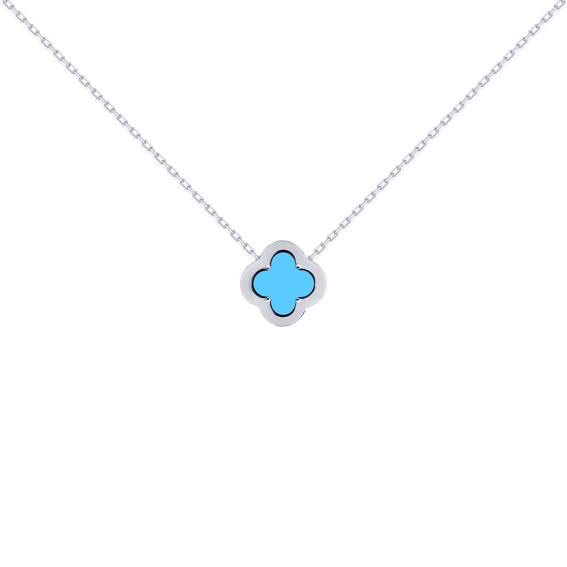 Silver  CZ Turquoise Clover Kiss Charm Necklace 16-18" - 8-19-2690