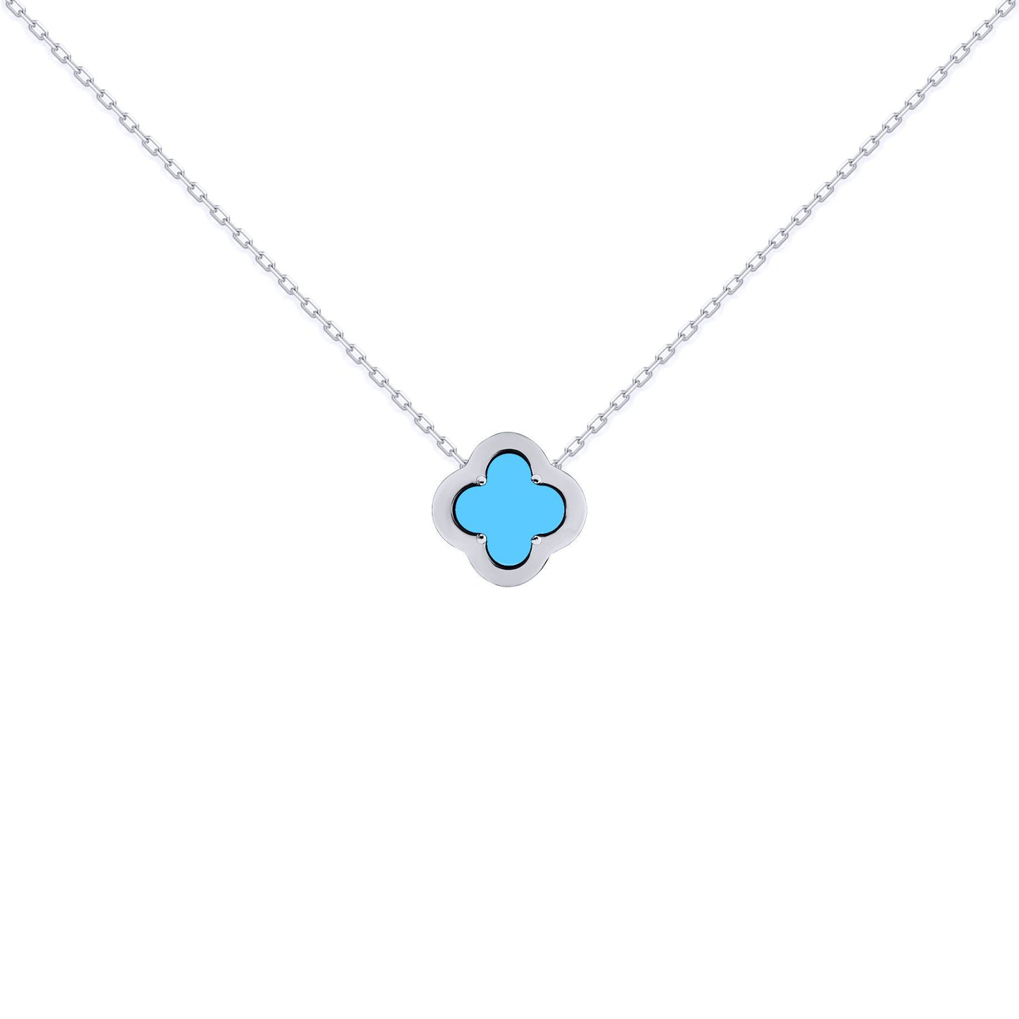 Silver  CZ Turquoise Clover Kiss Charm Necklace 16-18" - 8-19-2690