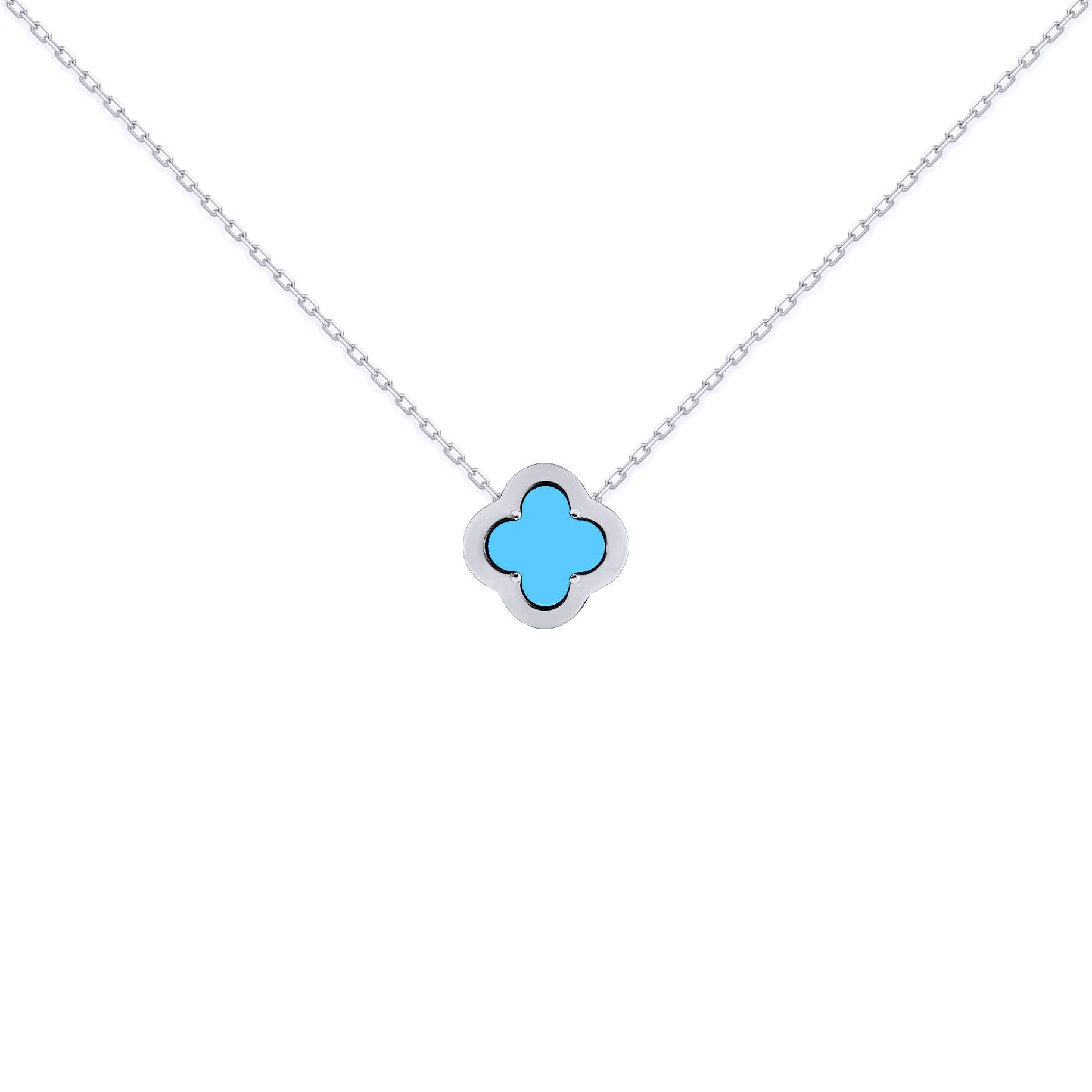 Silver  CZ Turquoise Clover Kiss Charm Necklace 16-18" - 8-19-2690