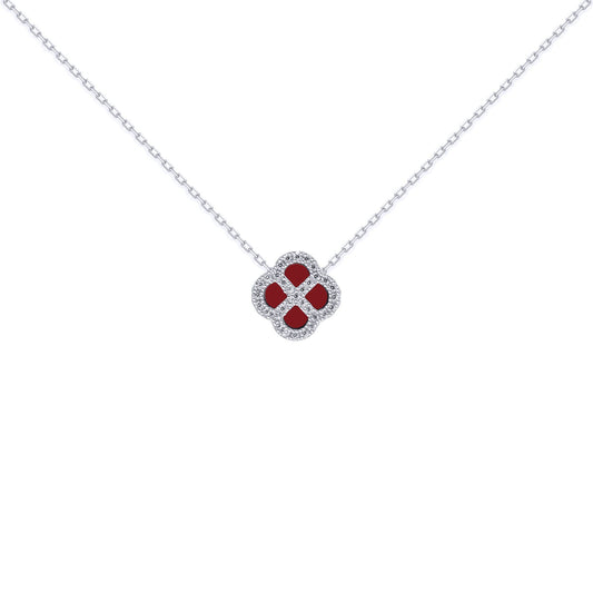 Silver CZ Red Agate Clover Kiss Charm Necklace 16-18" - 8-19-2700