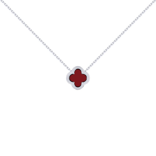 Silver  CZ Red Agate Clover Kiss Charm Necklace 16-18" - 8-19-2700