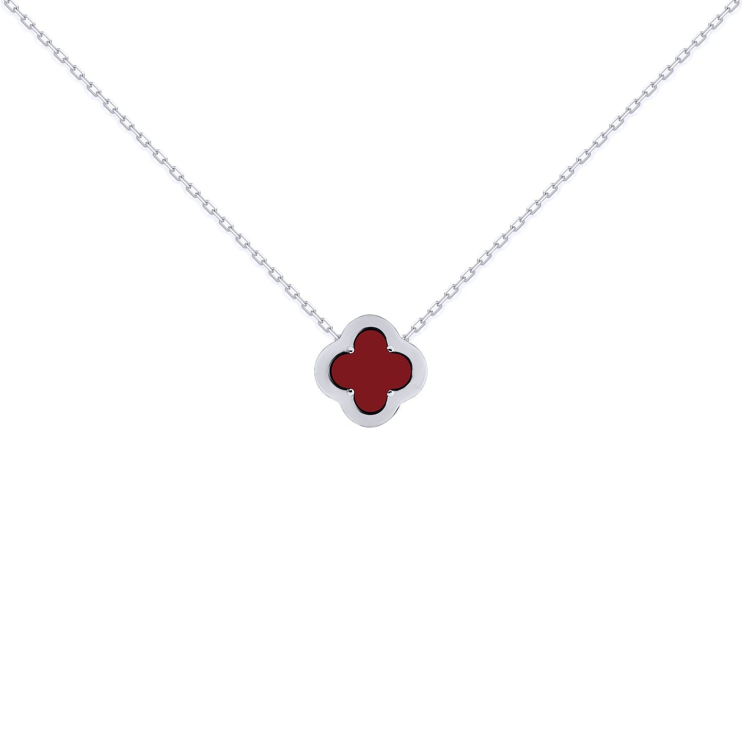 Silver  CZ Red Agate Clover Kiss Charm Necklace 16-18" - 8-19-2700
