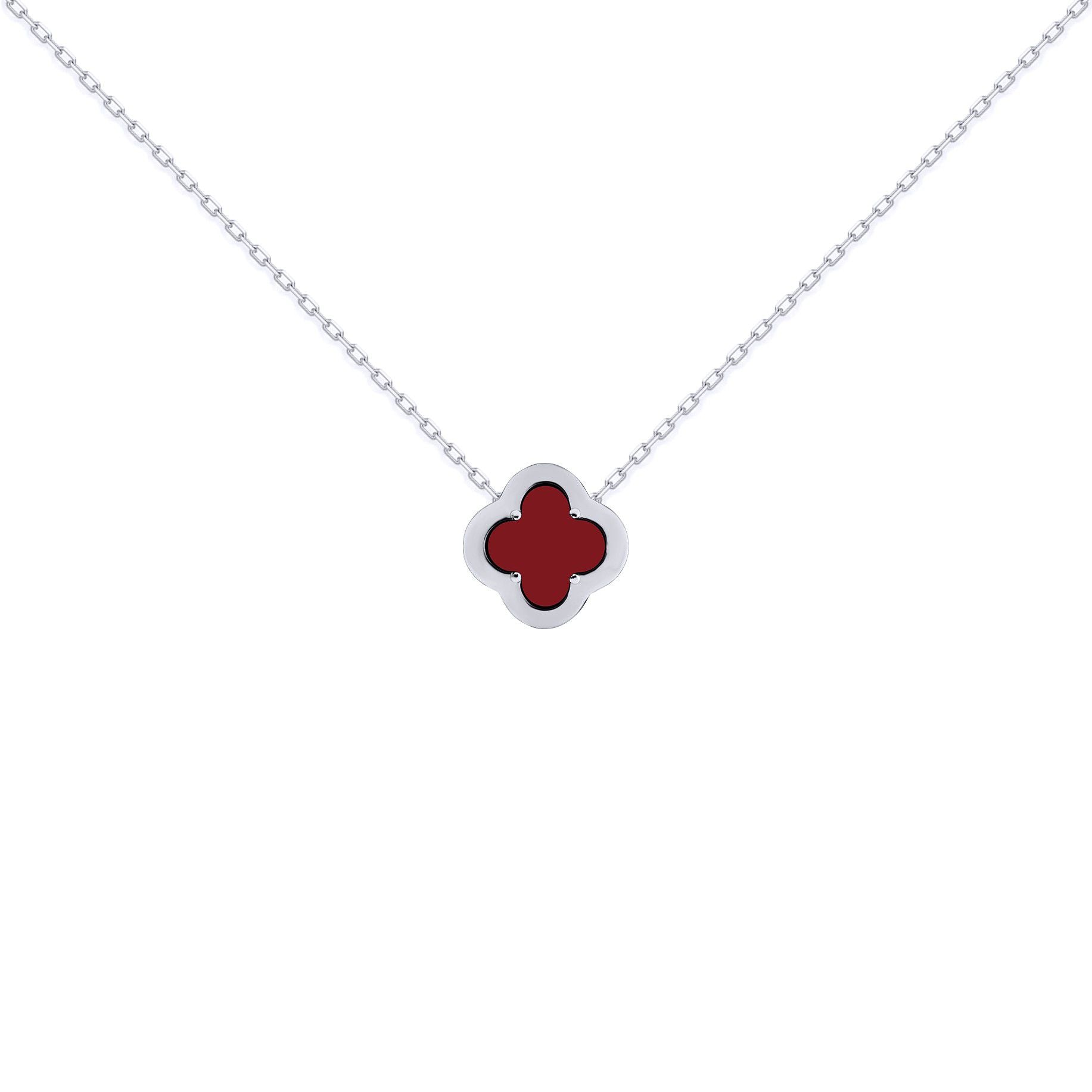 Silver  CZ Red Agate Clover Kiss Charm Necklace 16-18" - 8-19-2700
