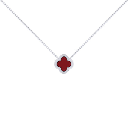 Silver  CZ Red Agate Clover Kiss Charm Necklace 16-18" - 8-19-2700
