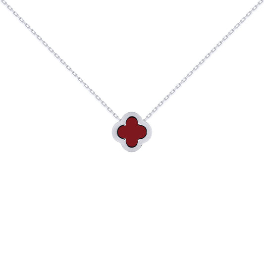 Silver  CZ Red Agate Clover Kiss Charm Necklace 16-18" - 8-19-2700