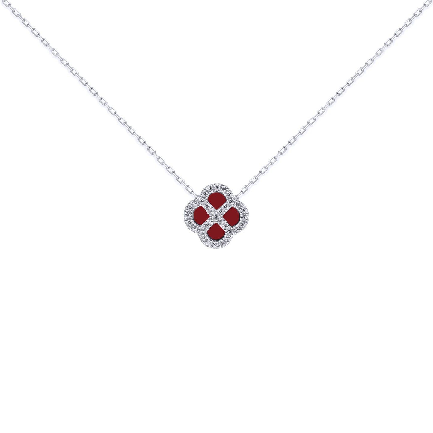 Silver  CZ Red Agate Clover Kiss Charm Necklace 16-18" - 8-19-2700