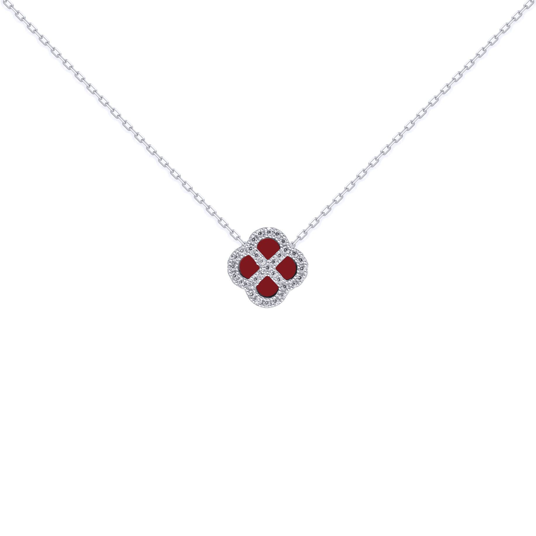 Silver  CZ Red Agate Clover Kiss Charm Necklace 16-18" - 8-19-2700
