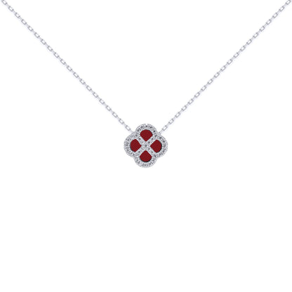 Silver  CZ Red Agate Clover Kiss Charm Necklace 16-18" - 8-19-2700