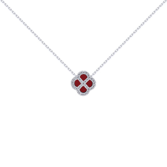 Silver  CZ Red Agate Clover Kiss Charm Necklace 16-18" - 8-19-2700