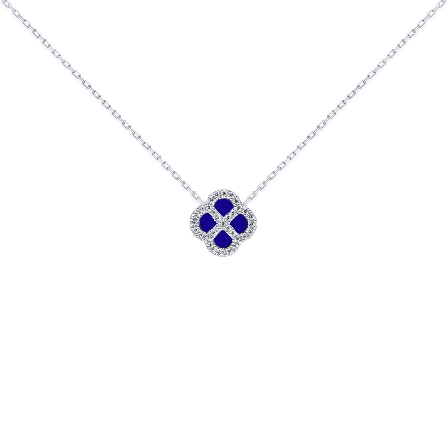 Silver  CZ Blue Lapis Lazuli Clover Kiss Charm Necklace 16-18" - 8-19-2710