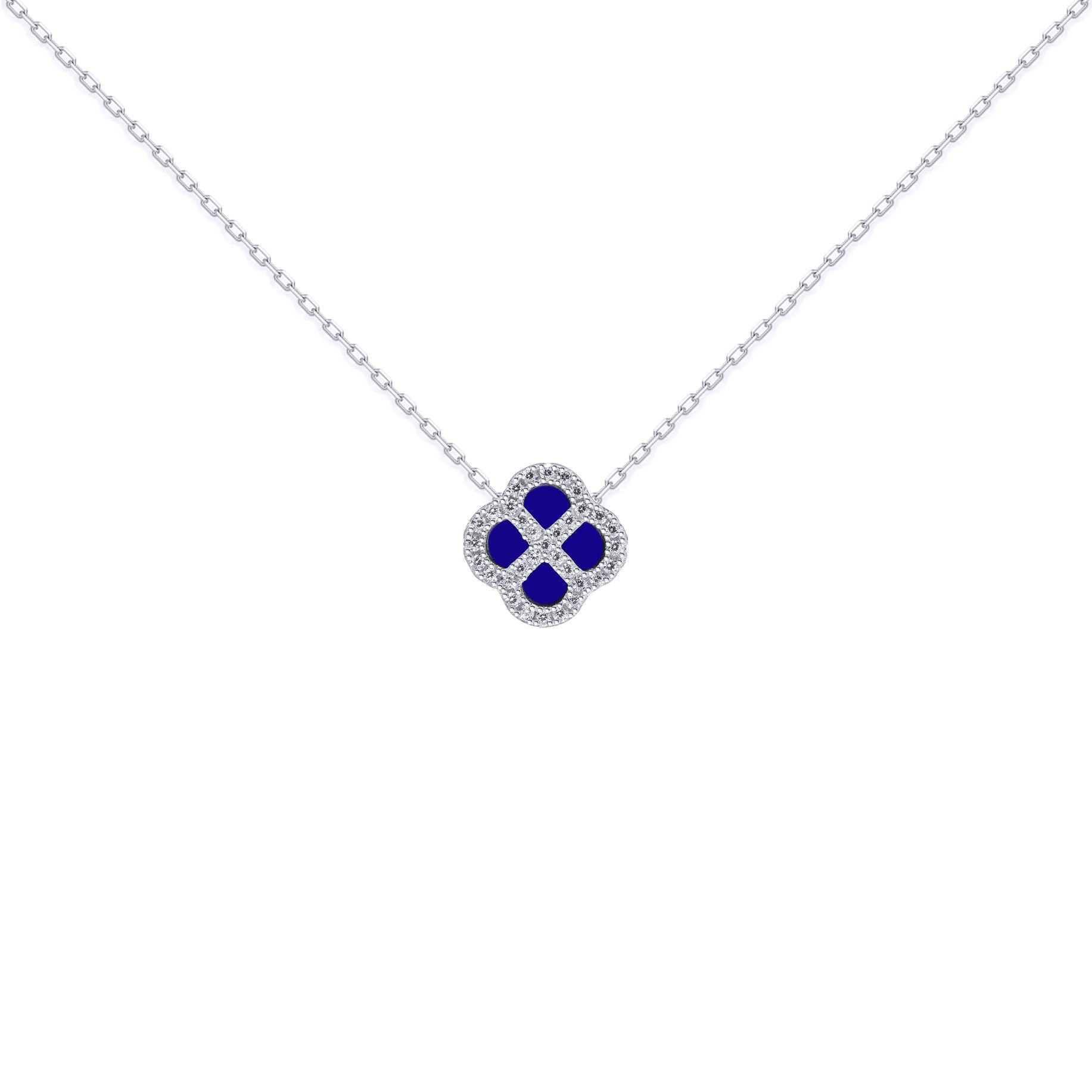Silver  CZ Blue Lapis Lazuli Clover Kiss Charm Necklace 16-18" - 8-19-2710