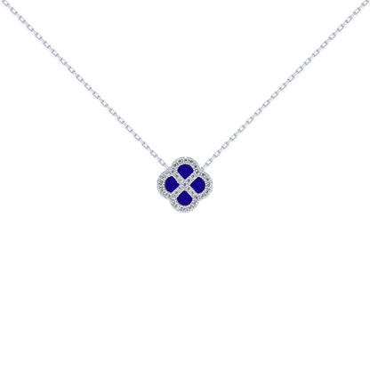 Silver  CZ Blue Lapis Lazuli Clover Kiss Charm Necklace 16-18" - 8-19-2710