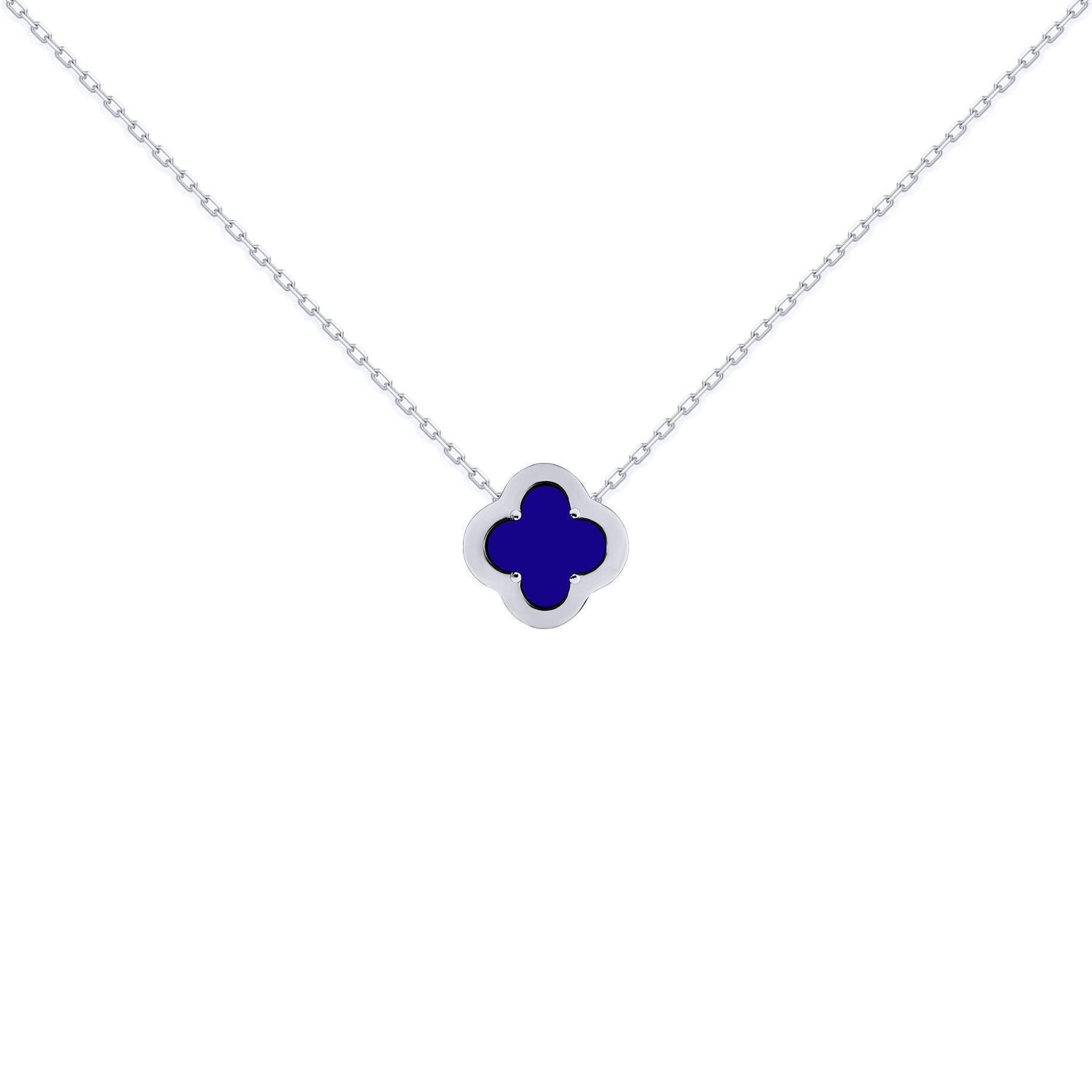 Silver  CZ Blue Lapis Lazuli Clover Kiss Charm Necklace 16-18" - 8-19-2710
