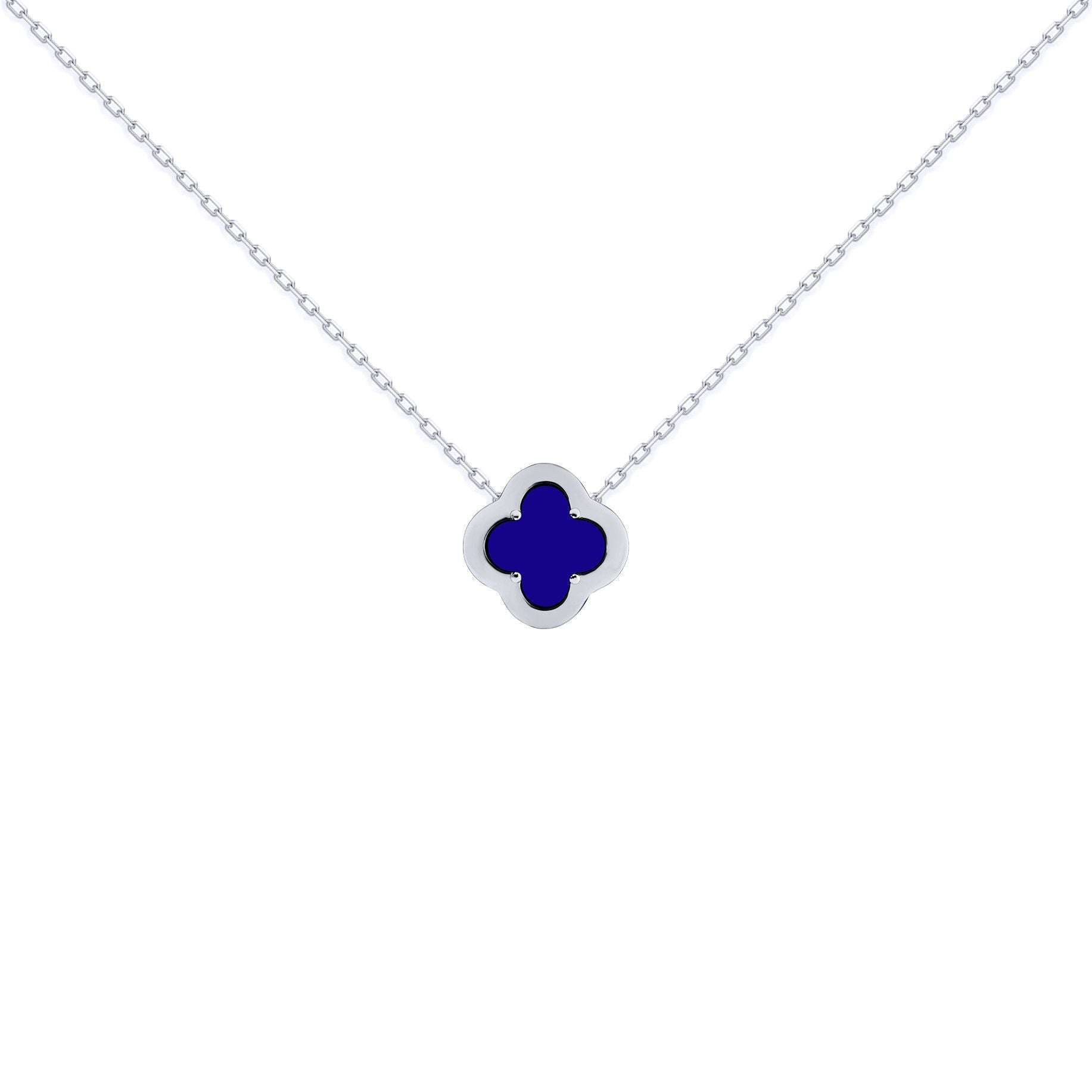 Silver  CZ Blue Lapis Lazuli Clover Kiss Charm Necklace 16-18" - 8-19-2710