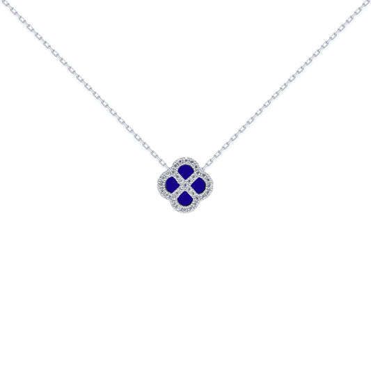 Silver  CZ Blue Lapis Lazuli Clover Kiss Charm Necklace 16-18" - 8-19-2710