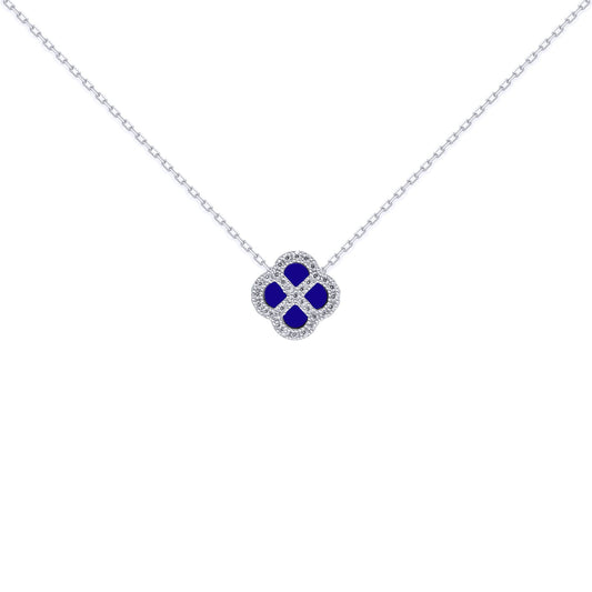 Silver  CZ Blue Lapis Lazuli Clover Kiss Charm Necklace 16-18" - 8-19-2710