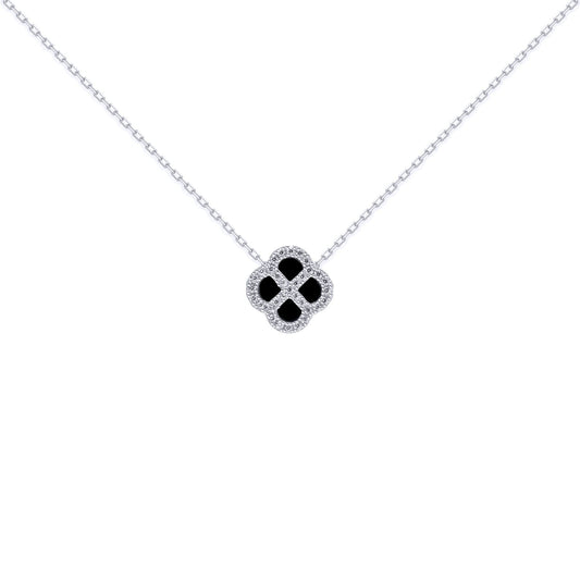 Silver CZ Onyx Clover Kiss Charm Necklace 16-18" - 8-19-2720