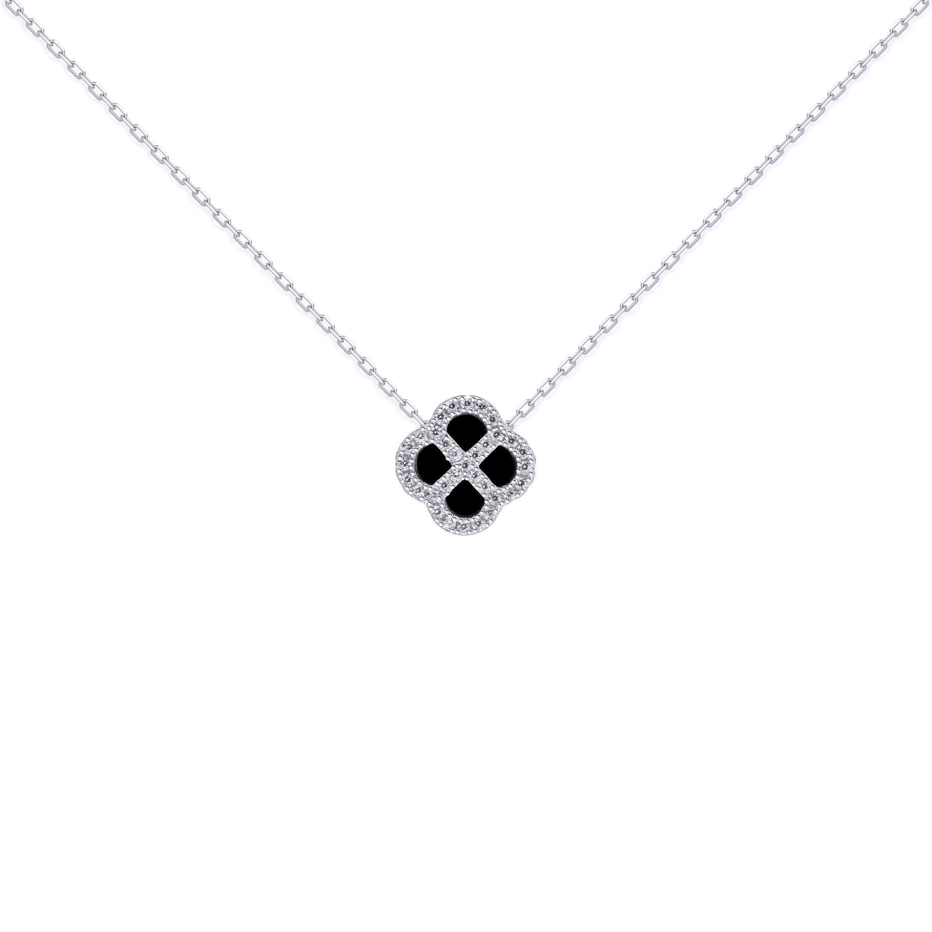 Silver  CZ Onyx Clover Kiss Charm Necklace 16-18" - 8-19-2720