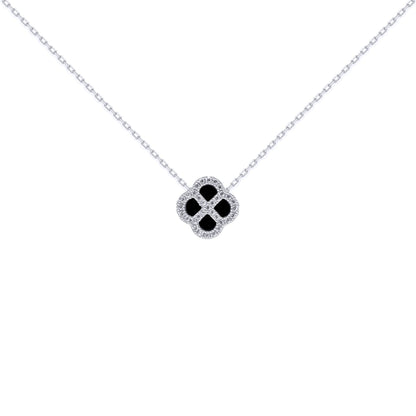 Silver  CZ Onyx Clover Kiss Charm Necklace 16-18" - 8-19-2720