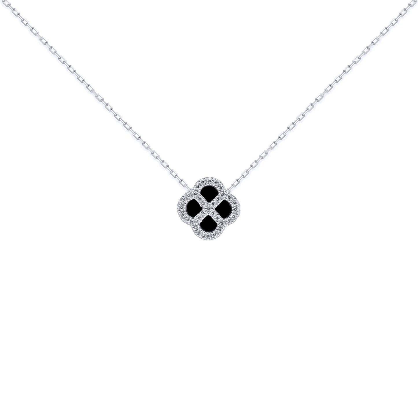 Silver  CZ Onyx Clover Kiss Charm Necklace 16-18" - 8-19-2720