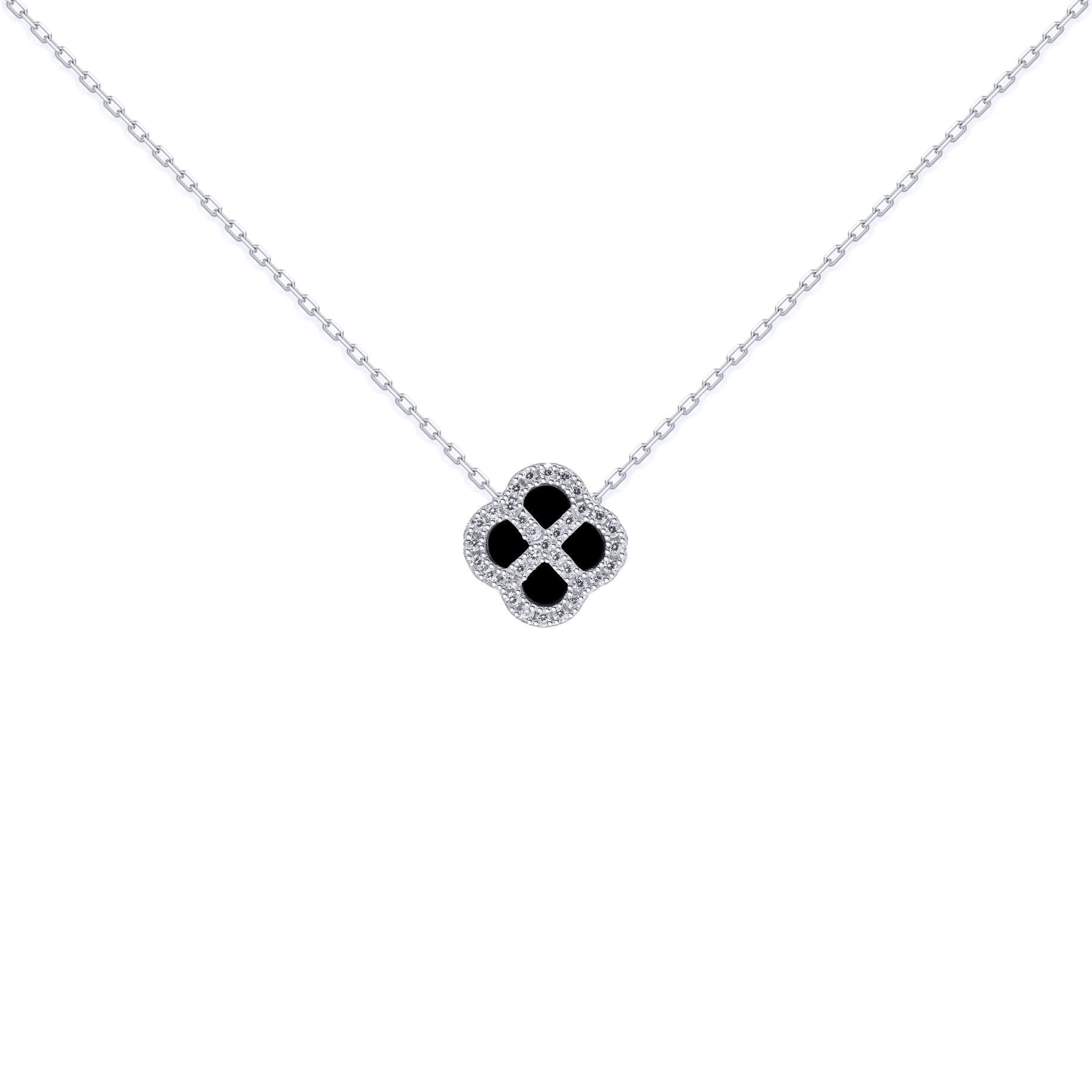 Silver  CZ Onyx Clover Kiss Charm Necklace 16-18" - 8-19-2720