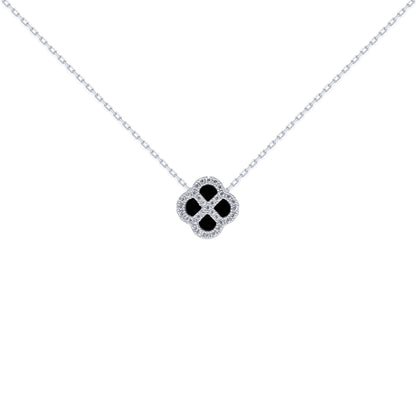 Silver  CZ Onyx Clover Kiss Charm Necklace 16-18" - 8-19-2720
