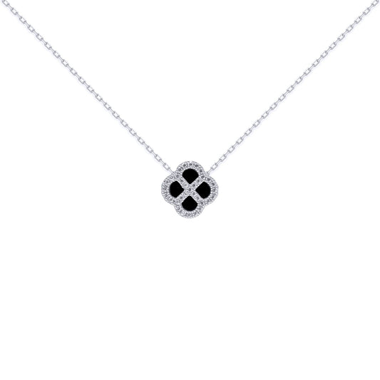 Silver  CZ Onyx Clover Kiss Charm Necklace 16-18" - 8-19-2720