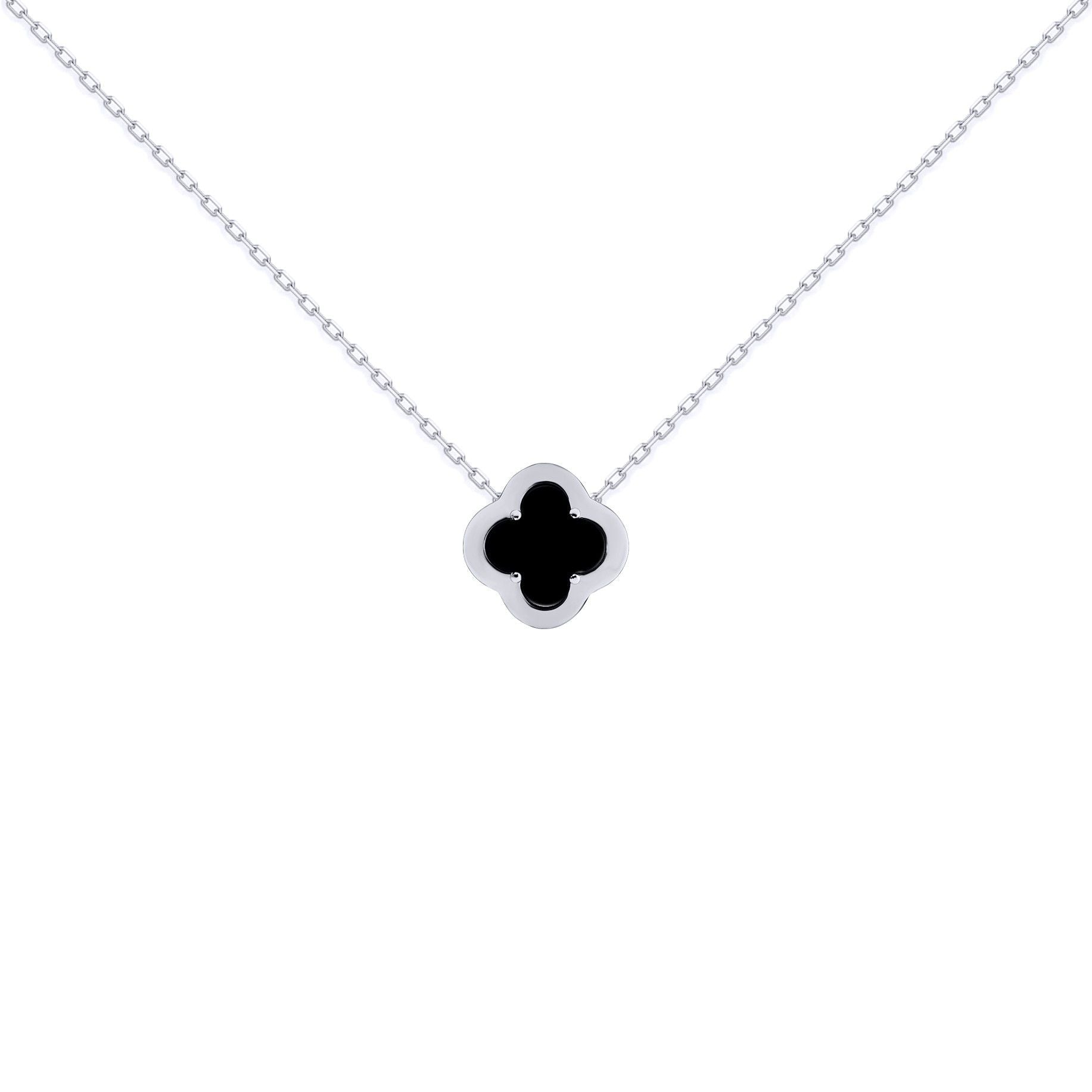 Silver  CZ Onyx Clover Kiss Charm Necklace 16-18" - 8-19-2720