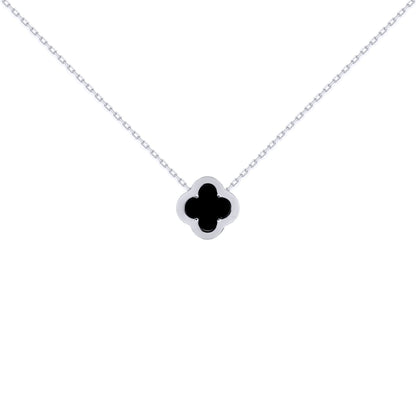 Silver  CZ Onyx Clover Kiss Charm Necklace 16-18" - 8-19-2720