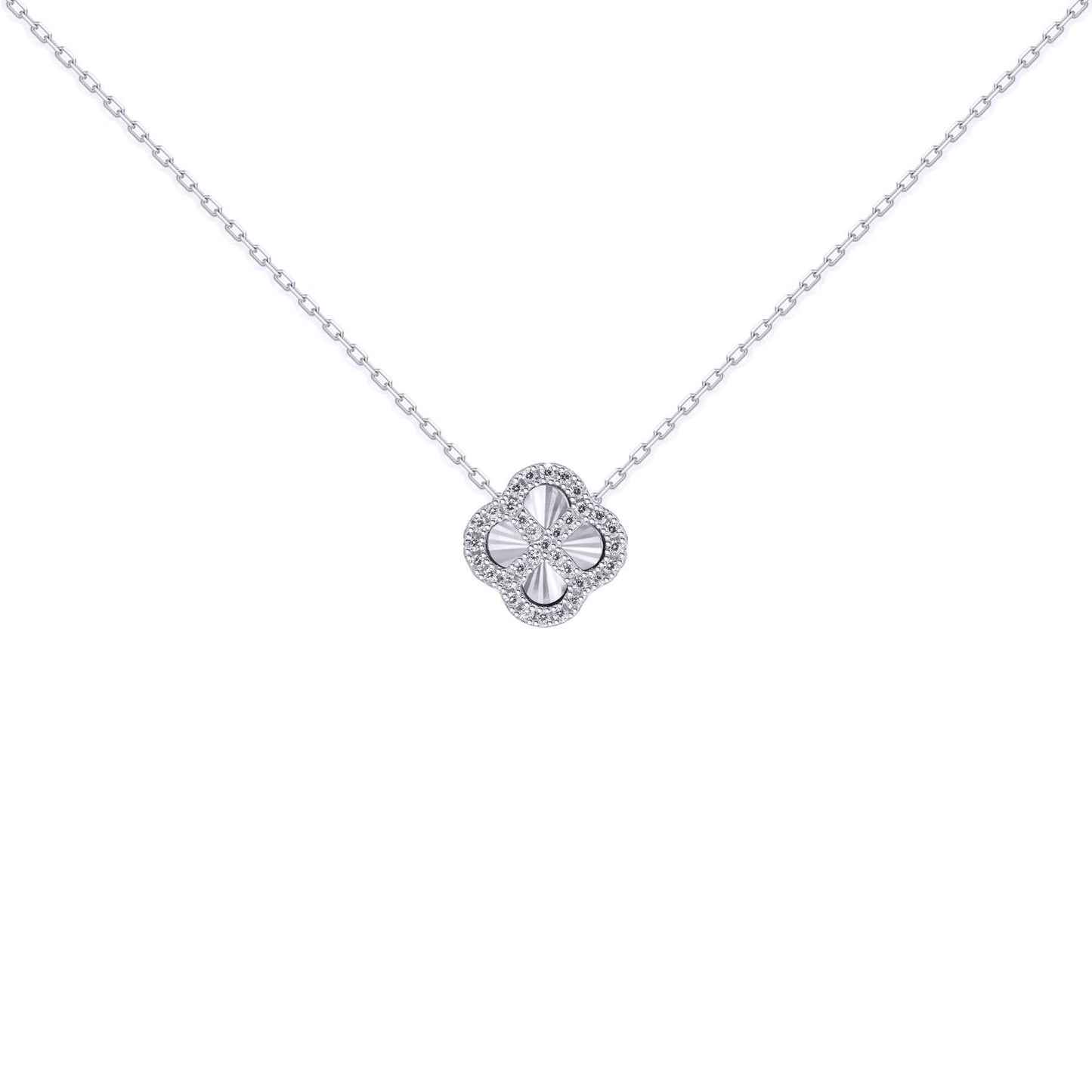 Silver  CZ Fluted Disc Clover Kiss Charm Necklace 16-18" - 8-19-2760