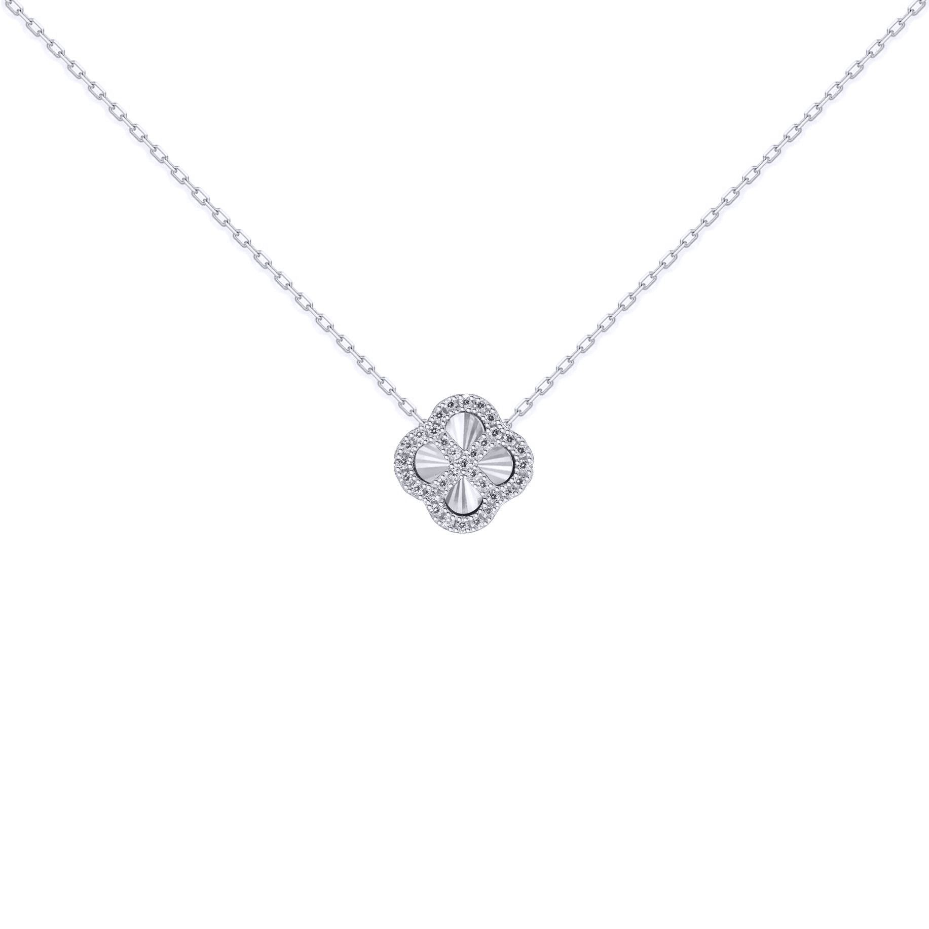 Silver  CZ Fluted Disc Clover Kiss Charm Necklace 16-18" - 8-19-2760